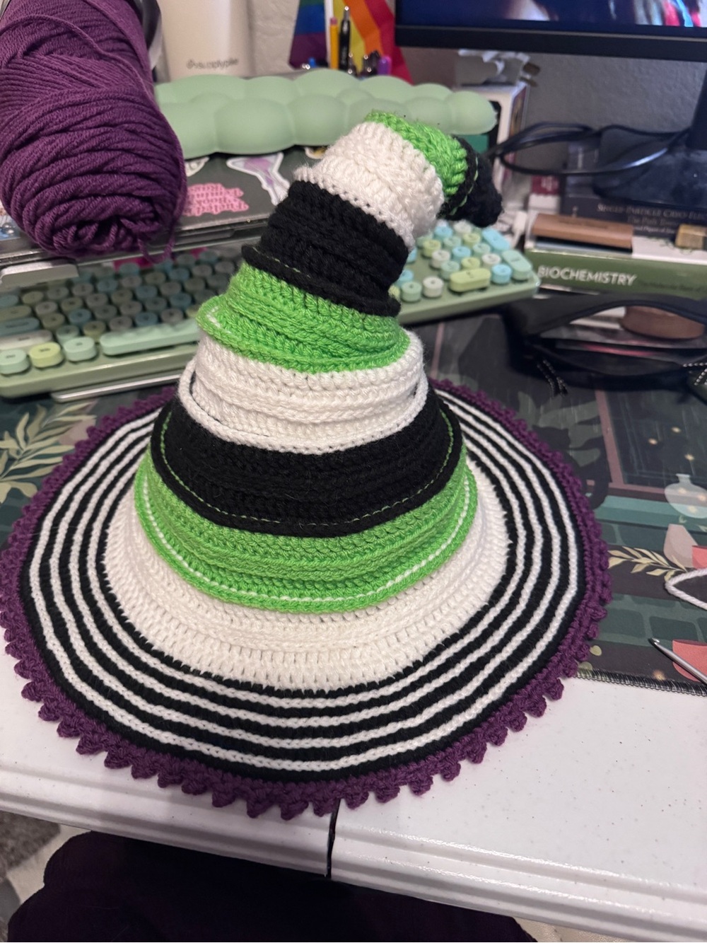 Handmade Striped Witch Hat - Green, Black & White with Purple Accent